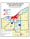 Change in Population Density April 2000 to July 2002 - By City, Village and Balance of County