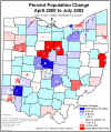 Change in Population Density April 2000 to July 2002 - Ohio by City, Village and balance of County