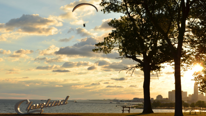 Lake Erie view with Cleveland sign